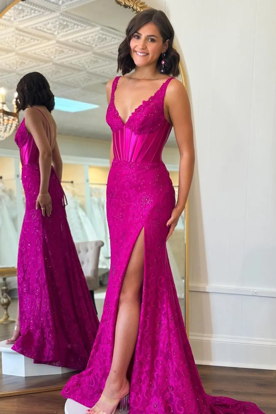 Navy Spaghetti Straps Mermaid Lace Long Corset Prom Dress with Beading