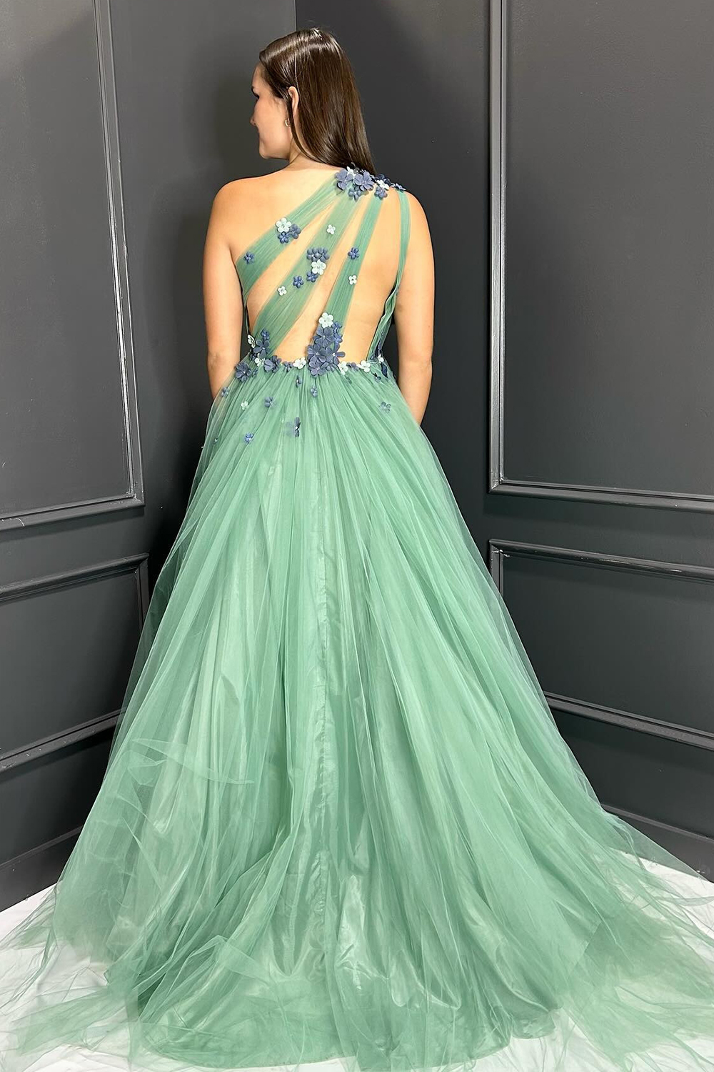 Hellymoon Women Green One Shoulder ALine Prom Dress Tulle Long Formal