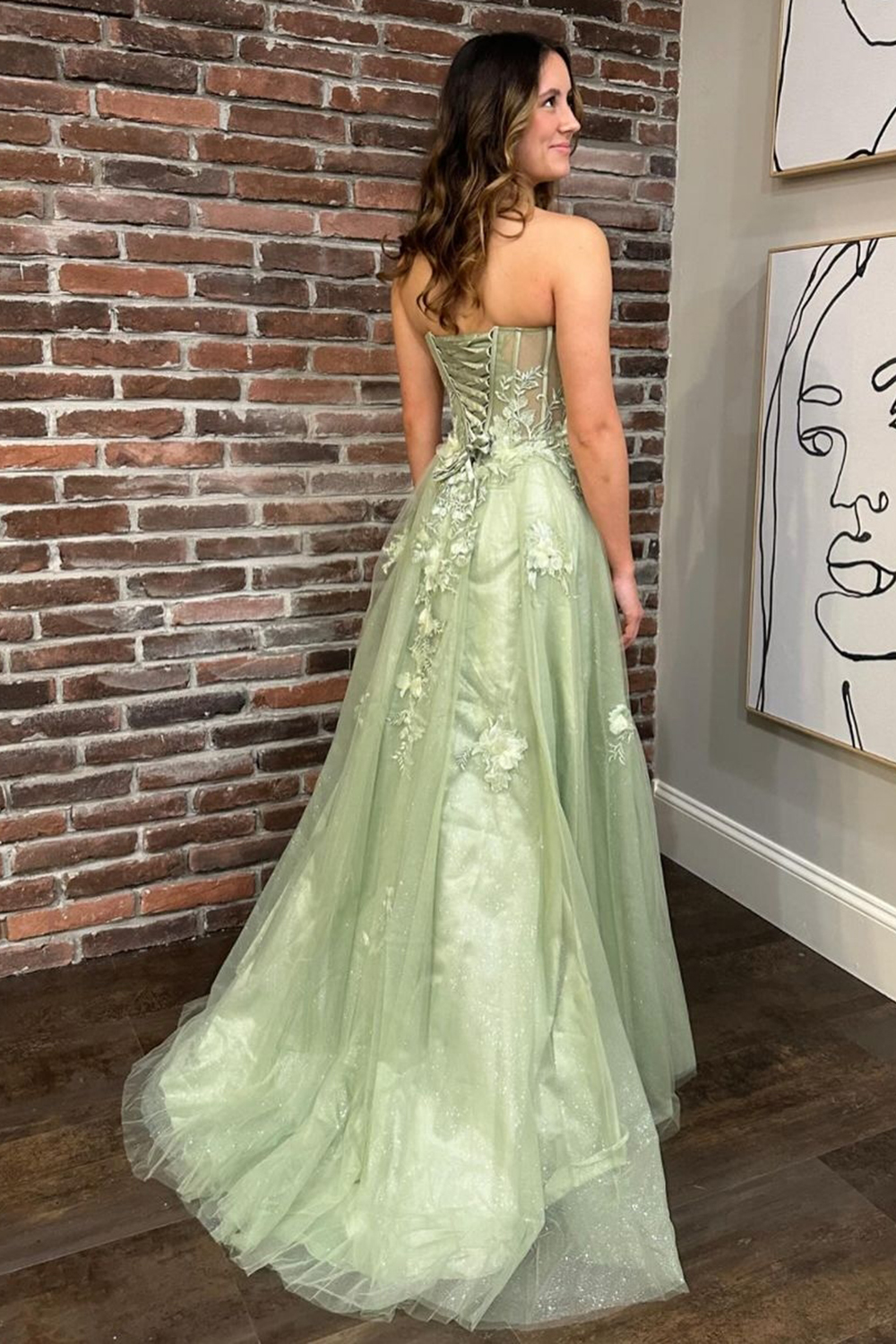 Hellymoon Women Green Sweetheart ALine Tulle Prom Dress Long Corset