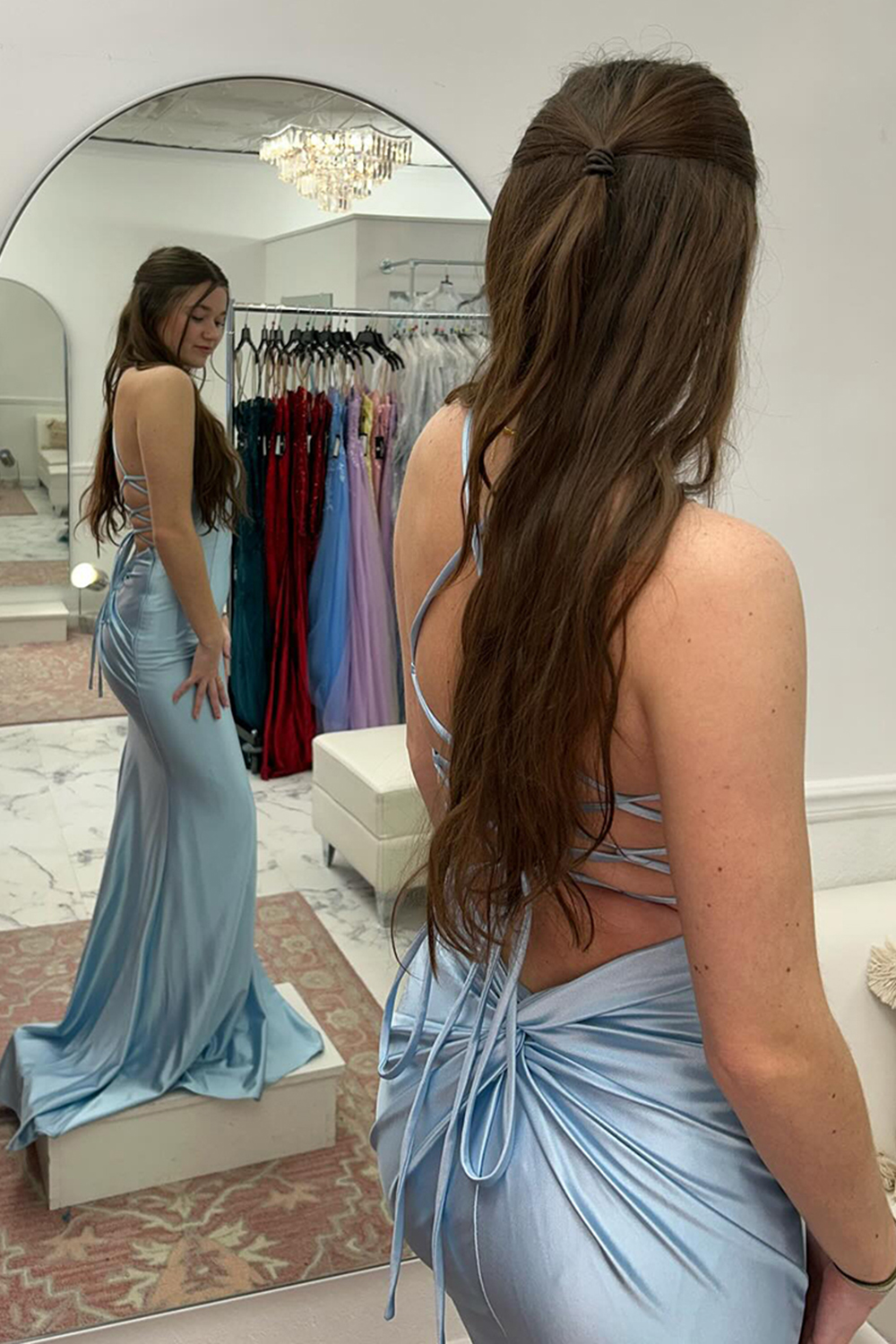 Pink Spaghetti Straps Meramid Satin Long Prom Dress with Open Back