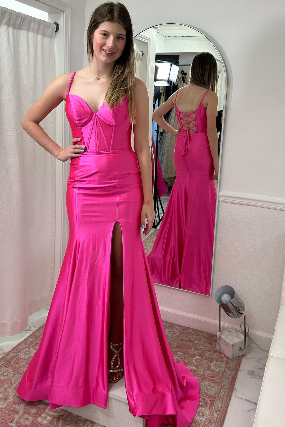 Fuchsia Mermaid Spaghetti Straps Satin Long Corset Prom Dress with Slit