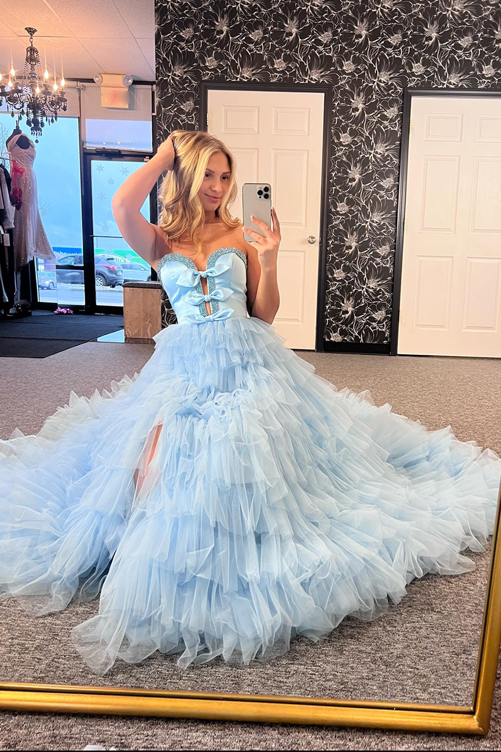 Light Blue Sweetheart A-Line Tulle Tiered Long Prom Dress with Bows