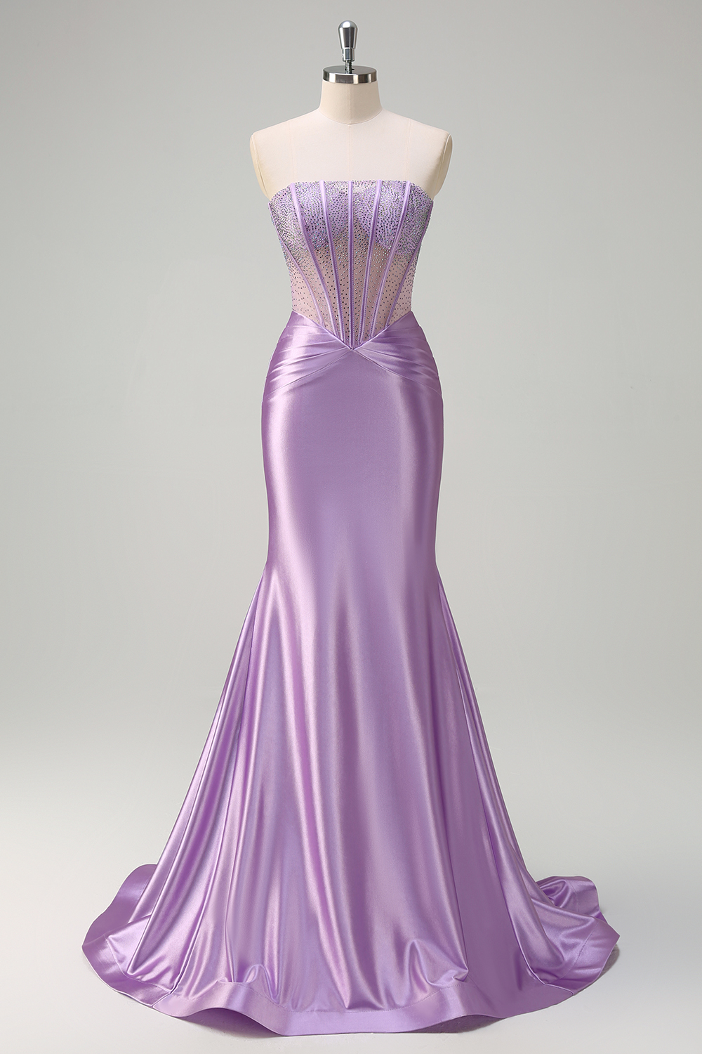 Glitter Lilac Strapless Mermaid Satin Long Corset Prom Dress with Beading