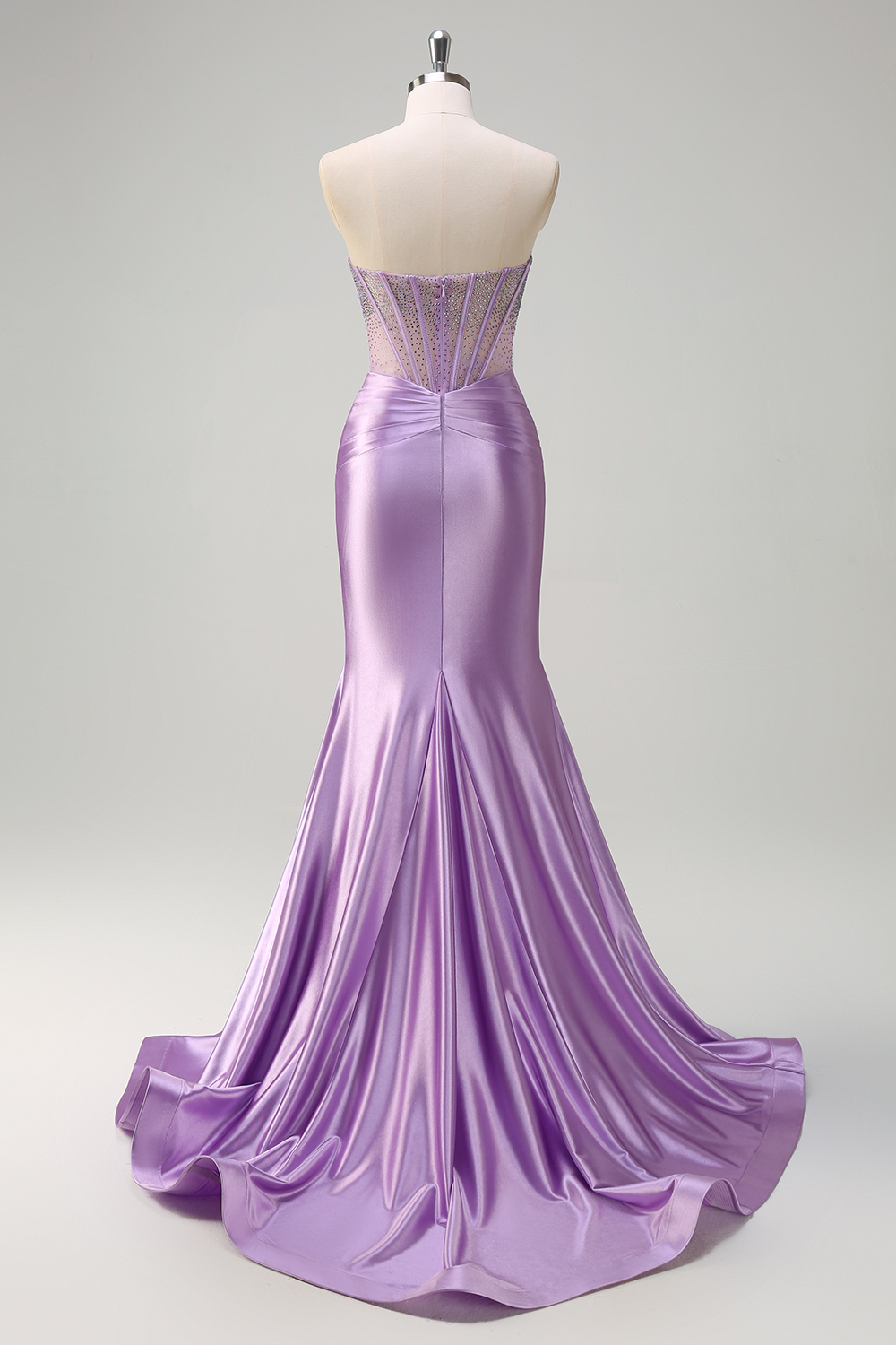 Glitter Lilac Strapless Mermaid Satin Long Corset Prom Dress with Beading