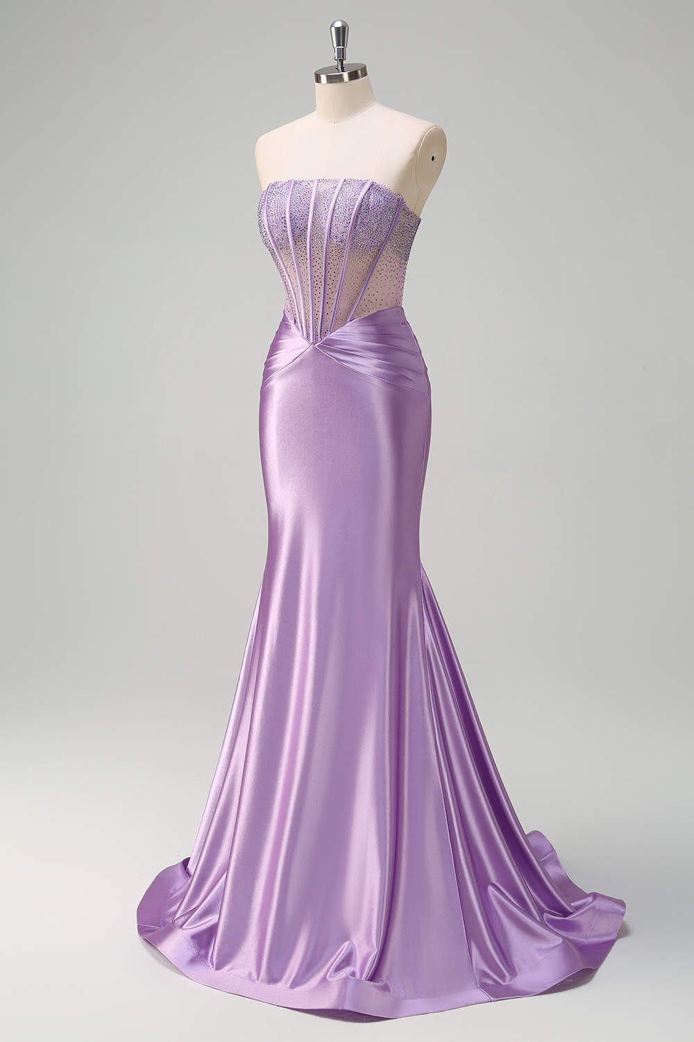 Glitter Lilac Strapless Mermaid Satin Long Corset Prom Dress with Beading