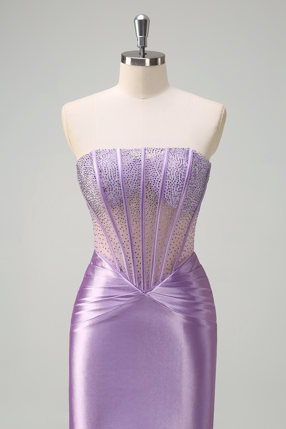 Glitter Lilac Strapless Mermaid Satin Long Corset Prom Dress with Beading