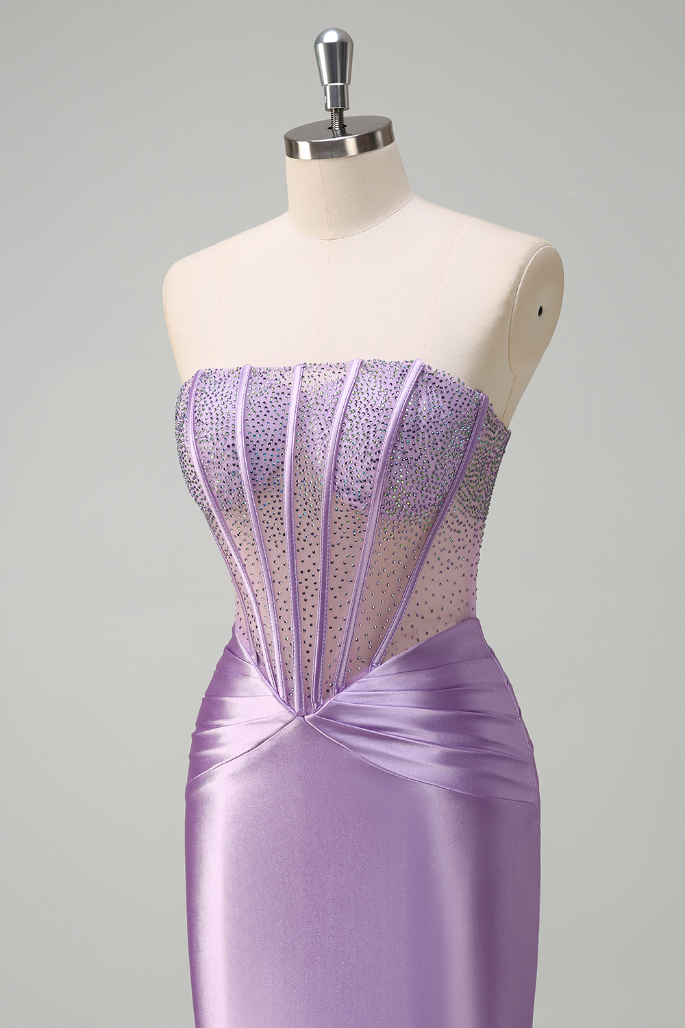 Glitter Lilac Strapless Mermaid Satin Long Corset Prom Dress with Beading