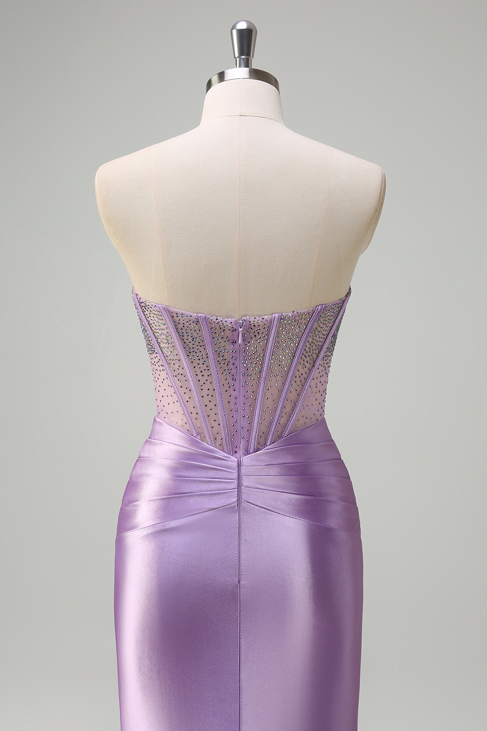 Glitter Lilac Strapless Mermaid Satin Long Corset Prom Dress with Beading