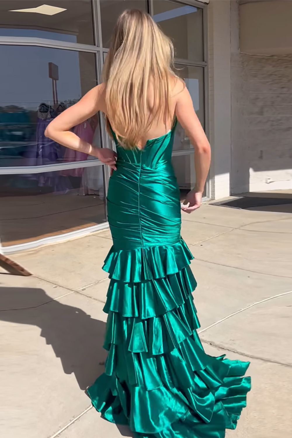 Light Blue Sweetheart Corset Tiered Long Satin Prom Dress with Slit