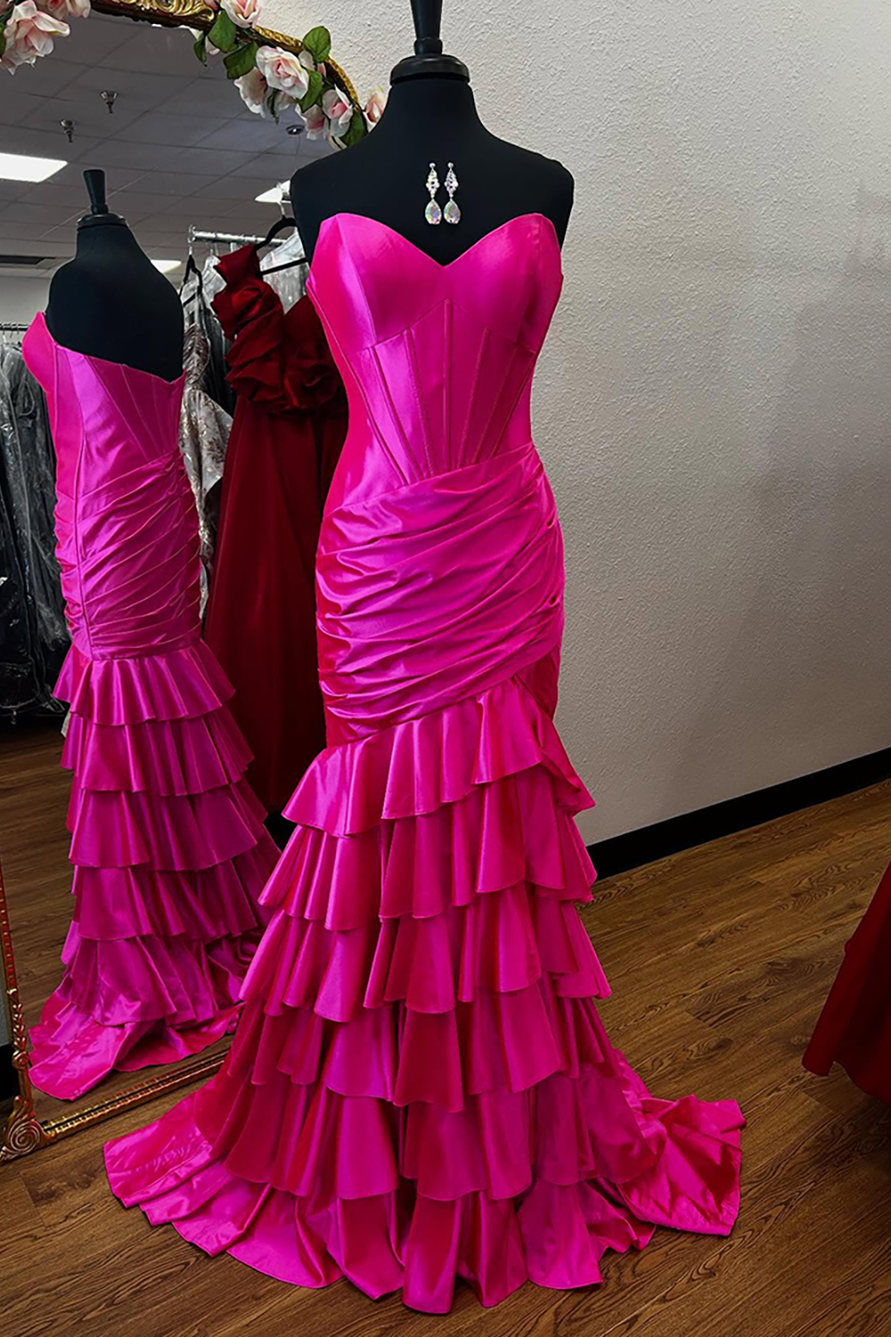 Light Blue Sweetheart Corset Tiered Long Satin Prom Dress with Slit