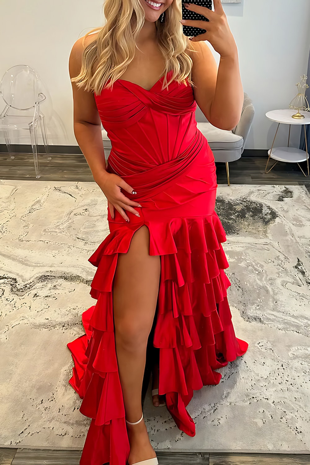 Light Blue Sweetheart Corset Tiered Long Satin Prom Dress with Slit