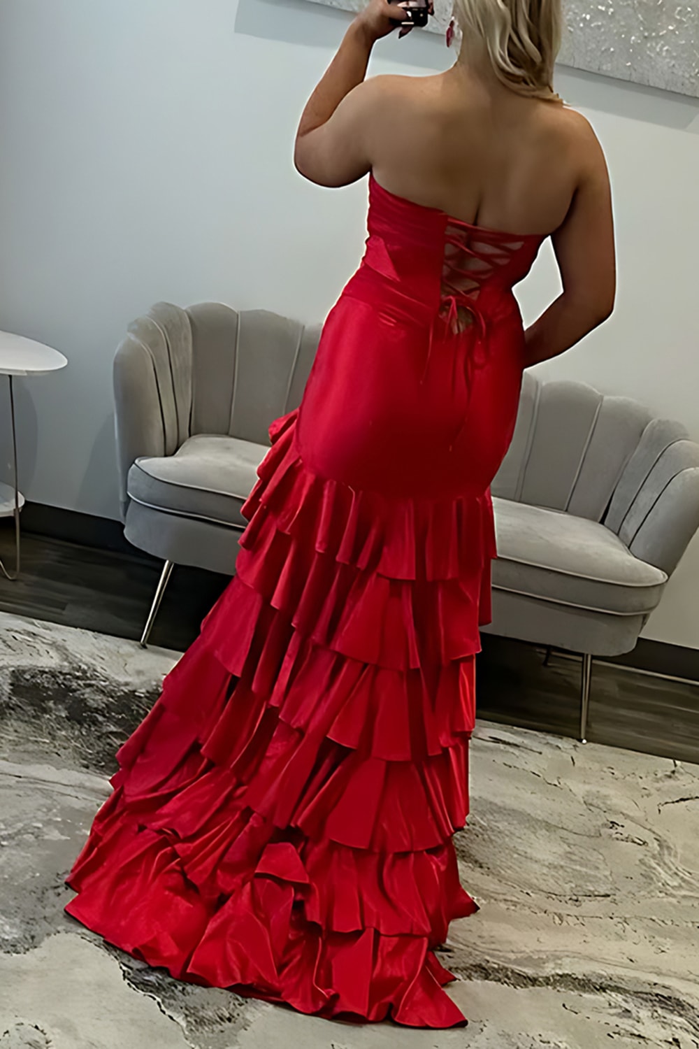 Light Blue Sweetheart Corset Tiered Long Satin Prom Dress with Slit