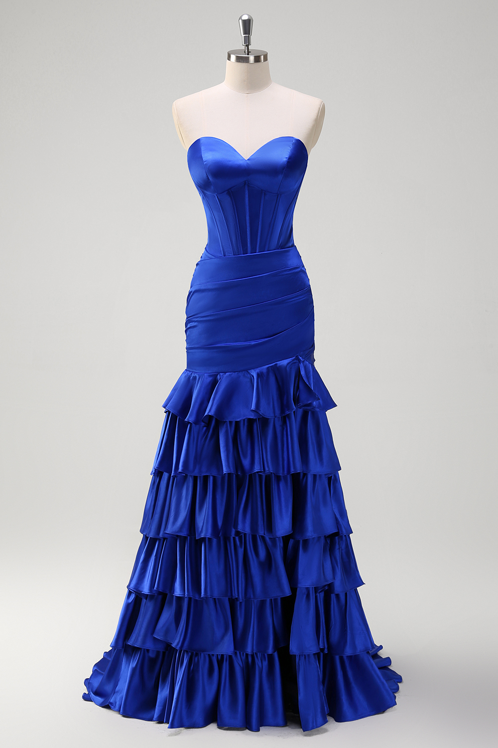 Royal Blue Sweetheart Mermaid Satin Tiered Long Corset Prom Dress 