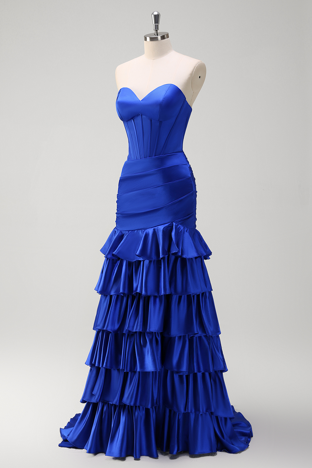 Royal Blue Sweetheart Mermaid Satin Tiered Long Corset Prom Dress 