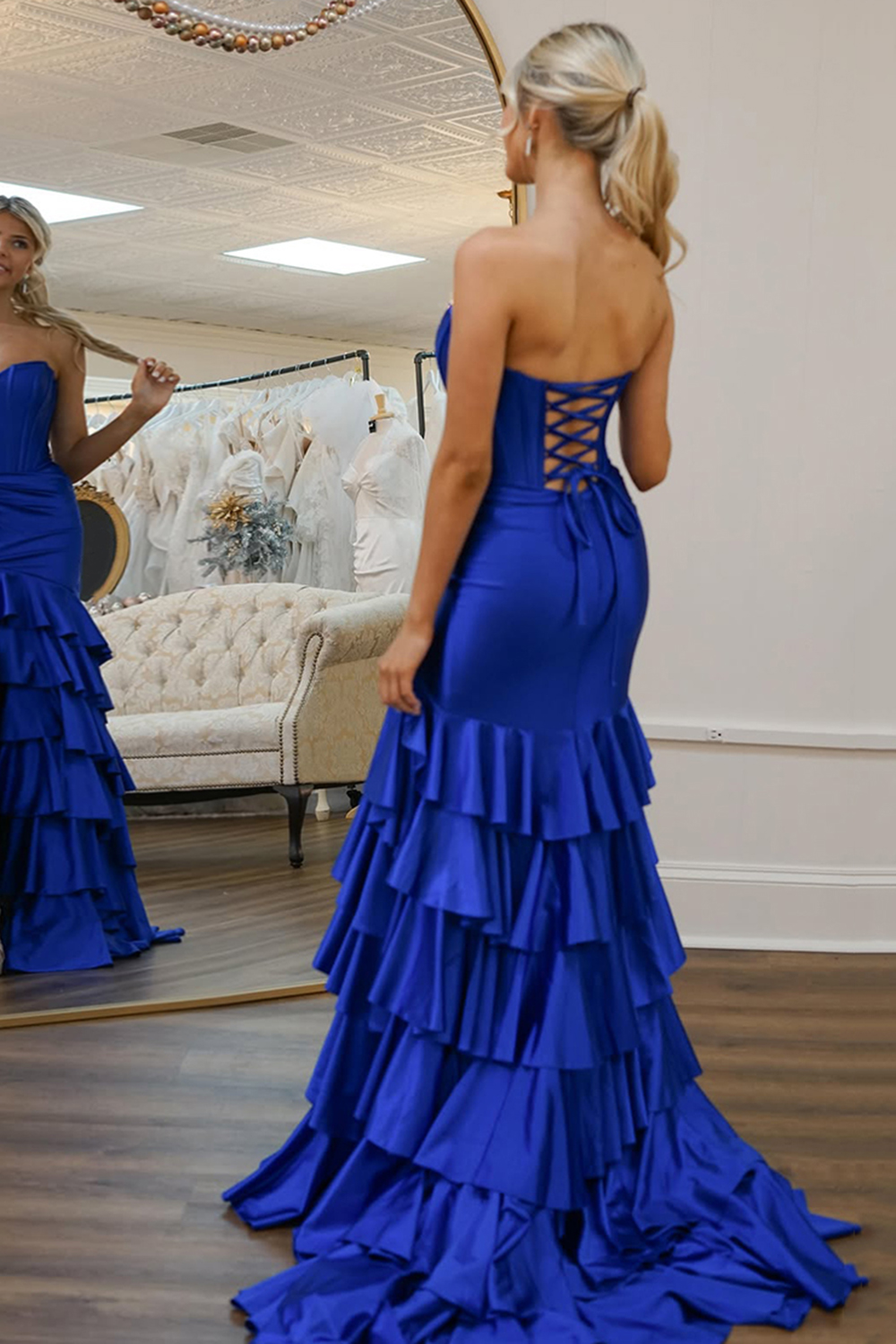 Grey Blue Strapless Satin Tiered Long Corset Prom Dress with Slit