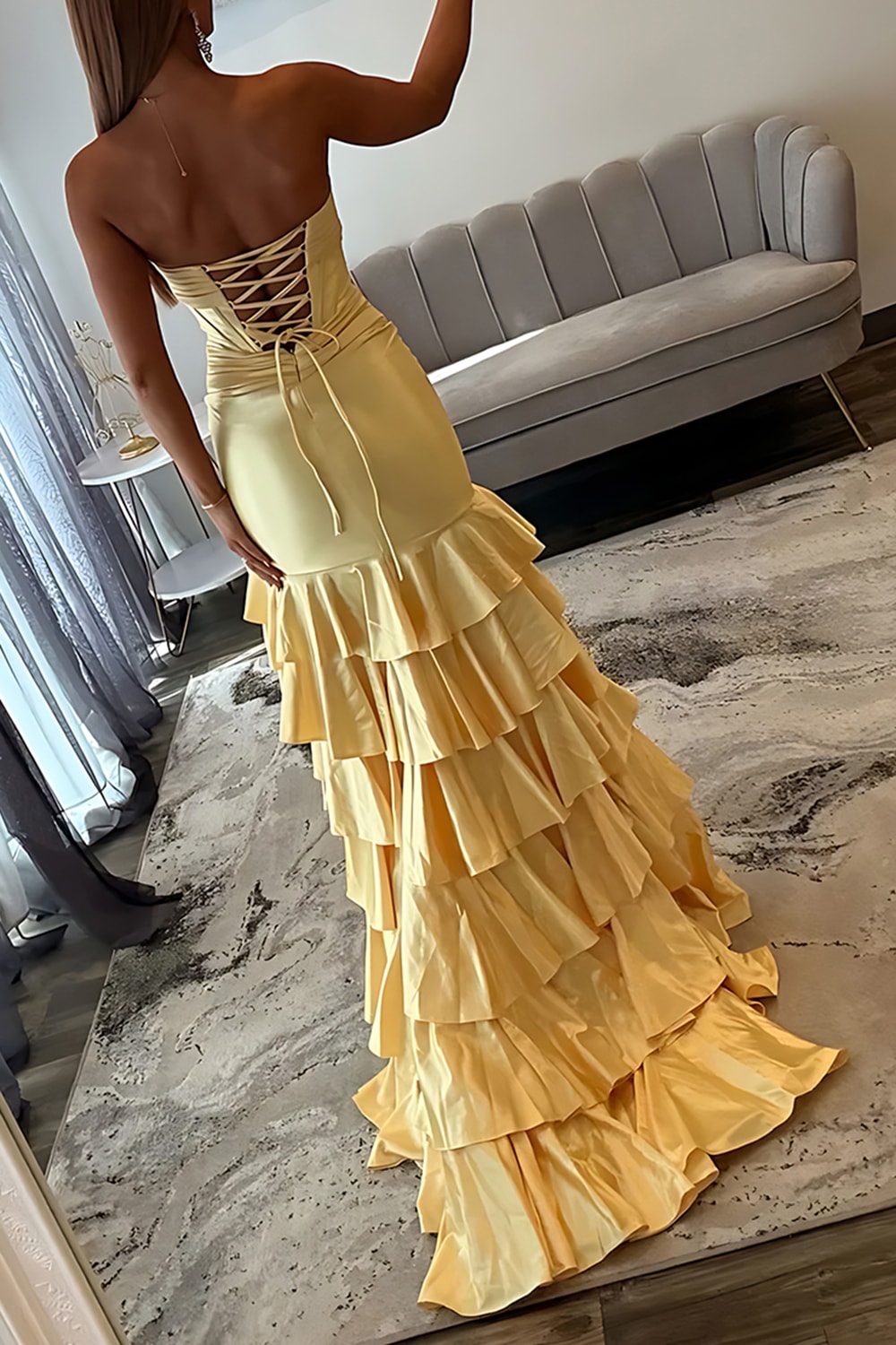 Light Blue Sweetheart Corset Tiered Long Satin Prom Dress with Slit