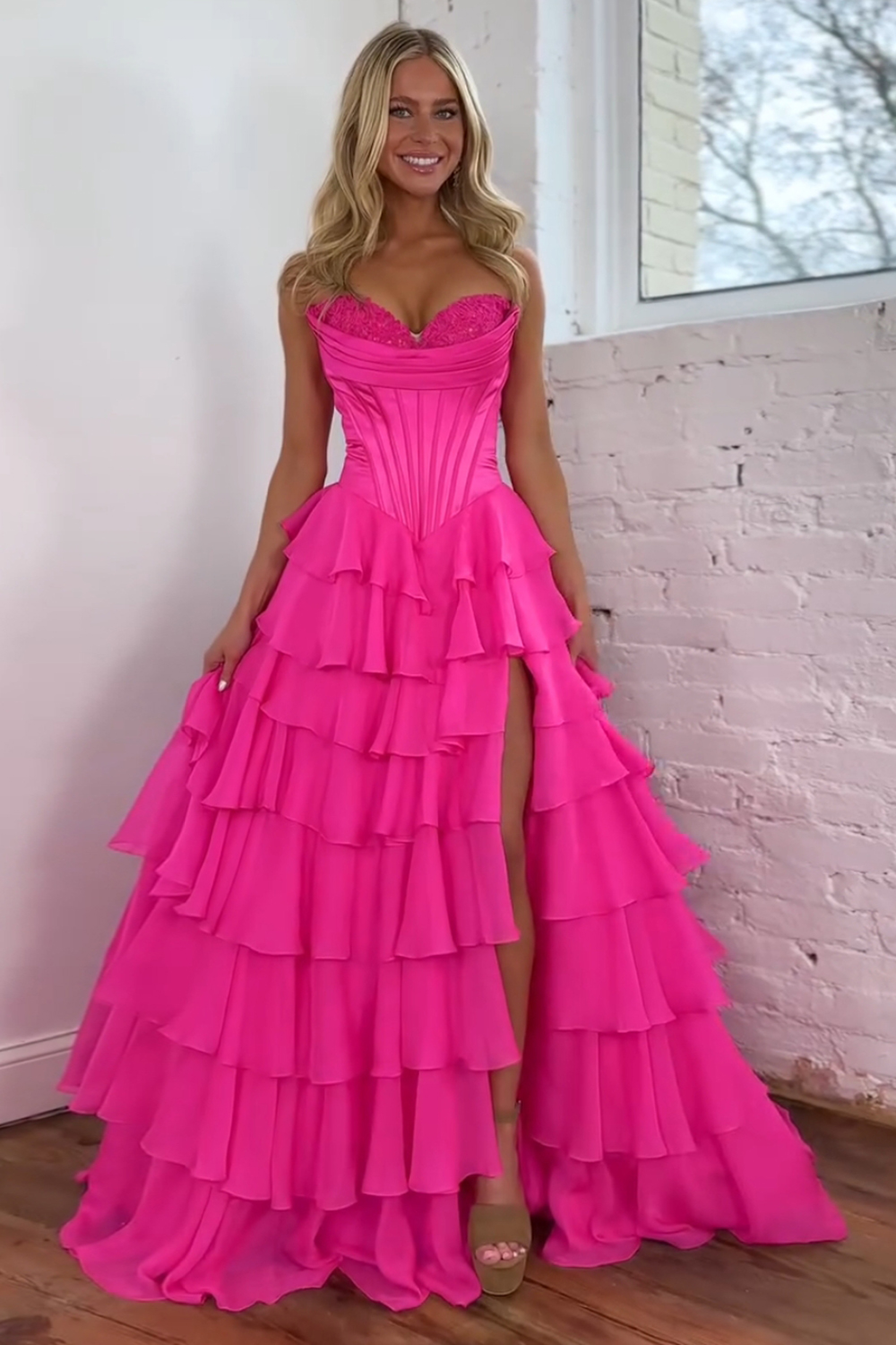 Fuchsia Princess Sweetheart Chiffon Ruffled Long Corset Prom Dress with Slit