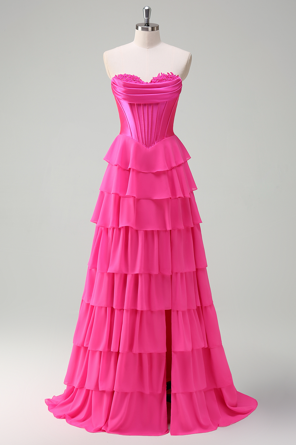 Fuchsia Sweetheart A Line Tulle Tiered Long Corset Prom Dress with Slit