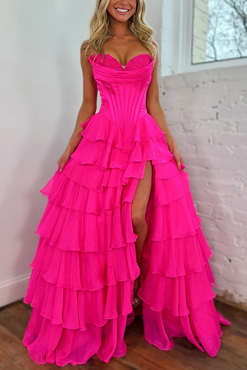 Blue Sweetheart Ruffled Long Corset Prom Dress with Slit