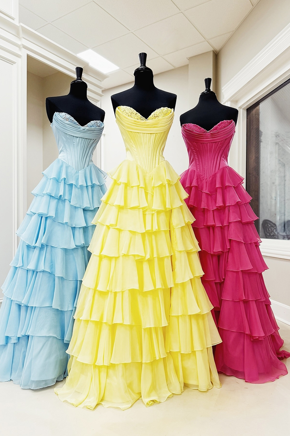 Blue A-Line Sweetheart Chiffon Ruffled Long Corset Prom Dress with Slit