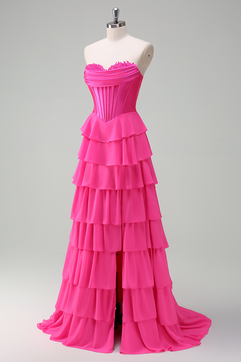 Fuchsia Sweetheart A Line Tulle Tiered Long Corset Prom Dress with Slit