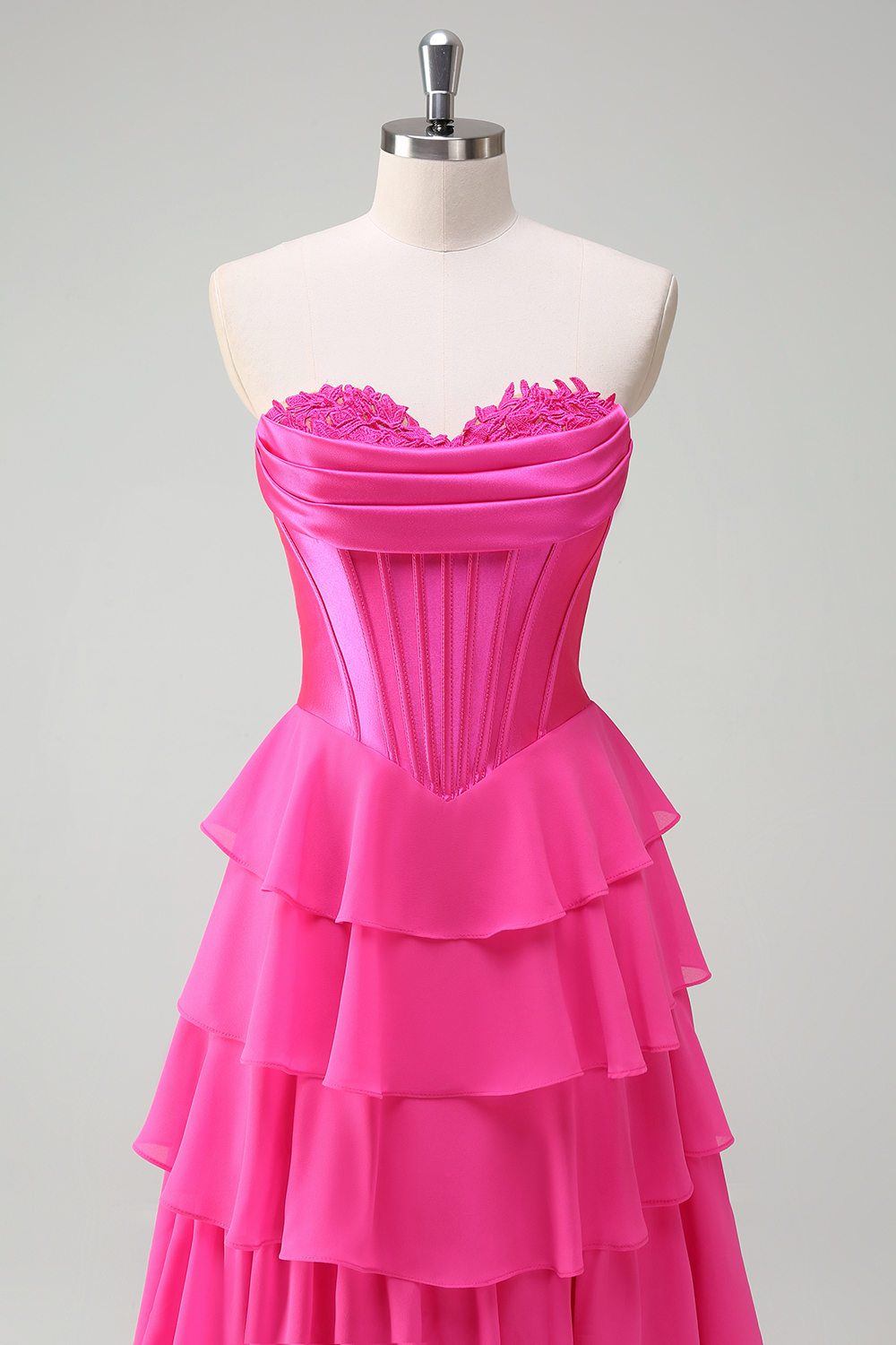 Fuchsia Sweetheart A Line Tulle Tiered Long Corset Prom Dress with Slit