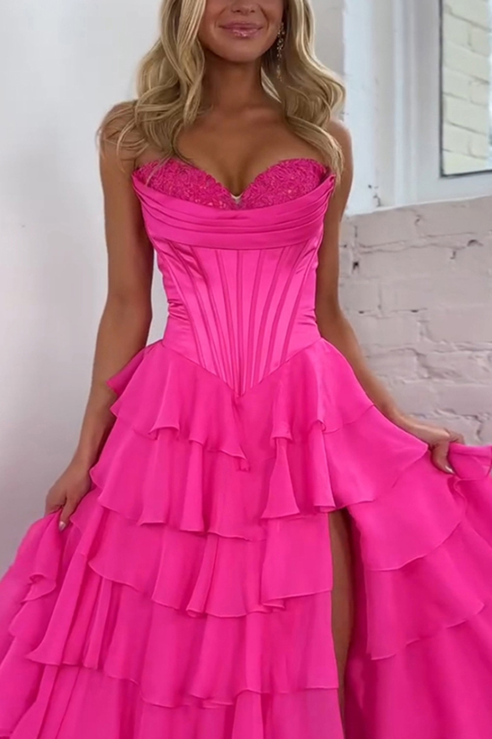 Blue Sweetheart Ruffled Long Corset Prom Dress with Slit