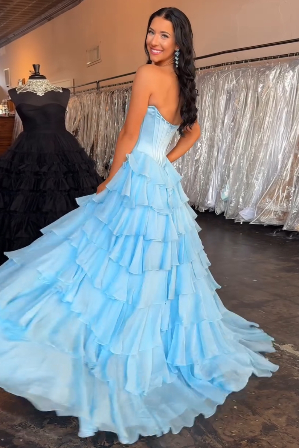 Fuchsia Princess Sweetheart Chiffon Ruffled Long Corset Prom Dress with Slit