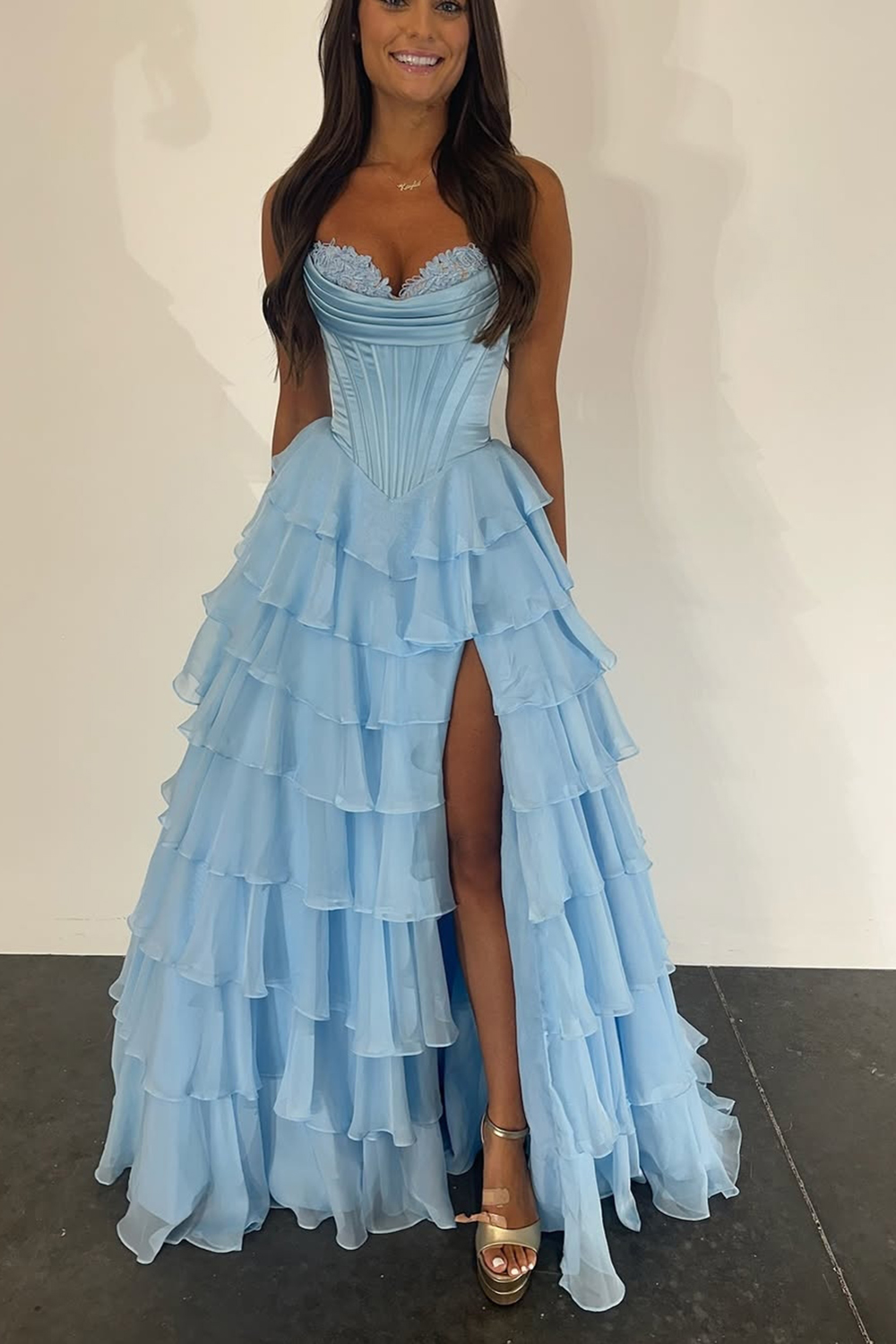 Fuchsia Princess Sweetheart Chiffon Ruffled Long Corset Prom Dress with Slit