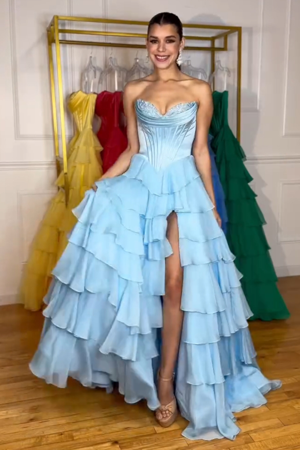 Fuchsia Princess Sweetheart Chiffon Ruffled Long Corset Prom Dress with Slit