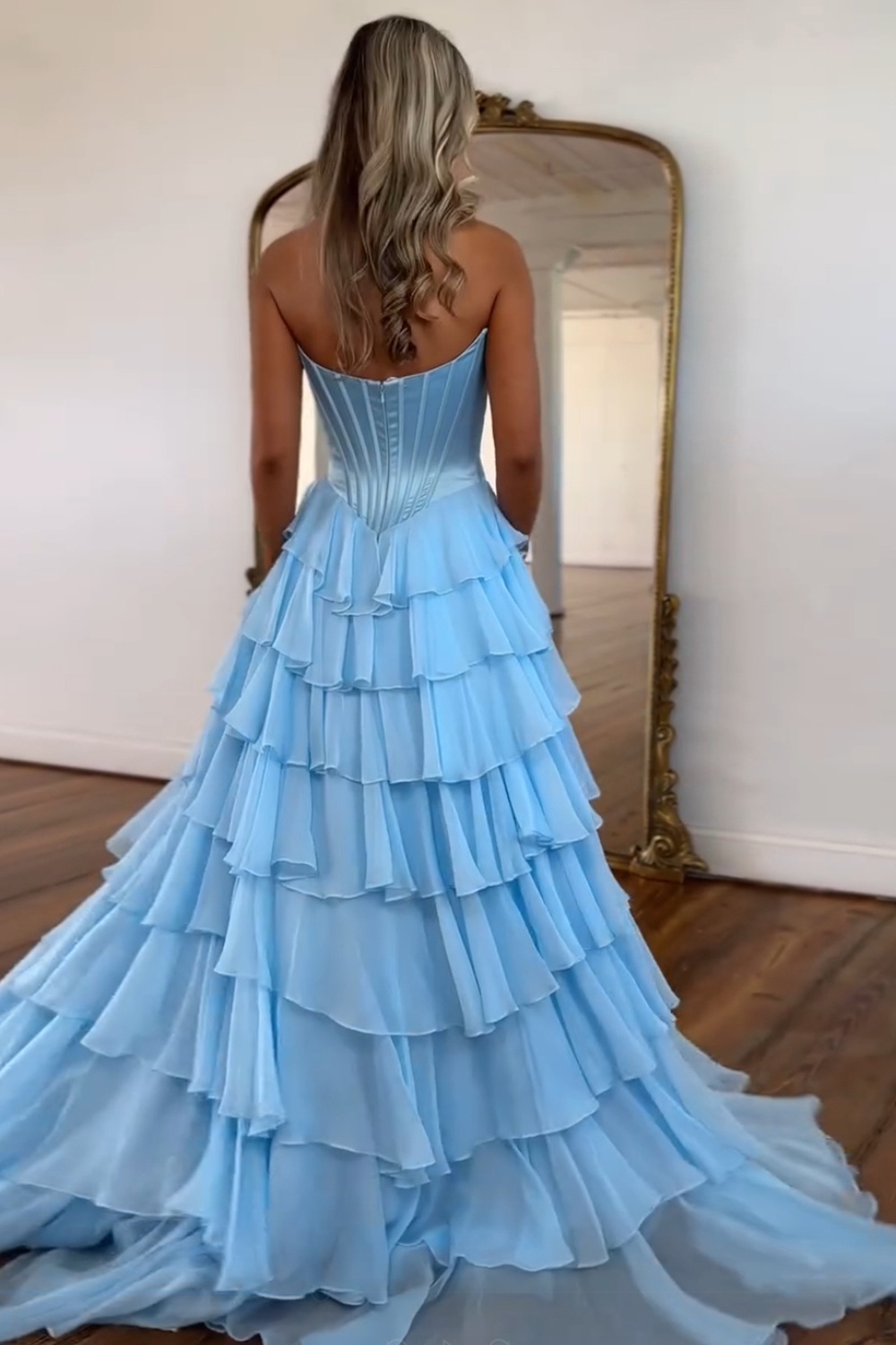Blue Sweetheart Ruffled Long Corset Prom Dress with Slit