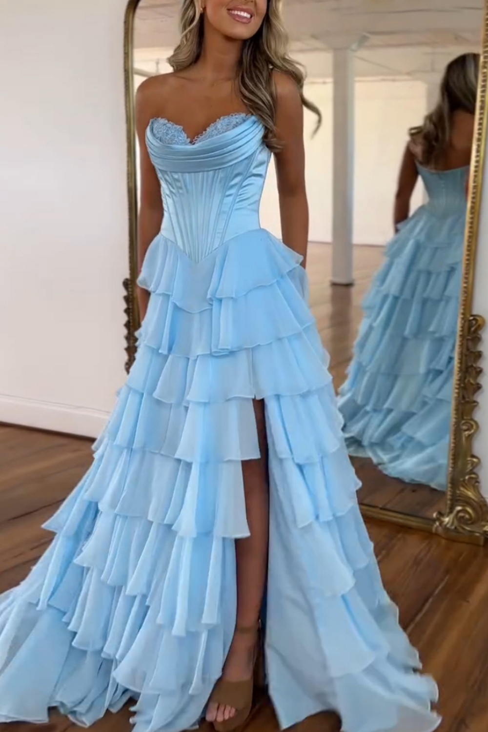 Blue Sweetheart Ruffled Long Corset Prom Dress with Slit