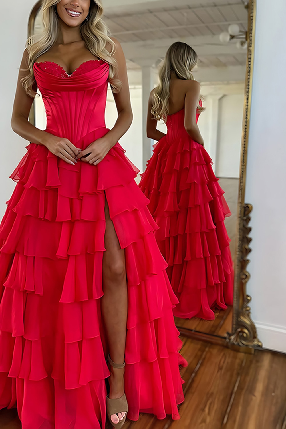 Blue Sweetheart Ruffled Long Corset Prom Dress with Slit