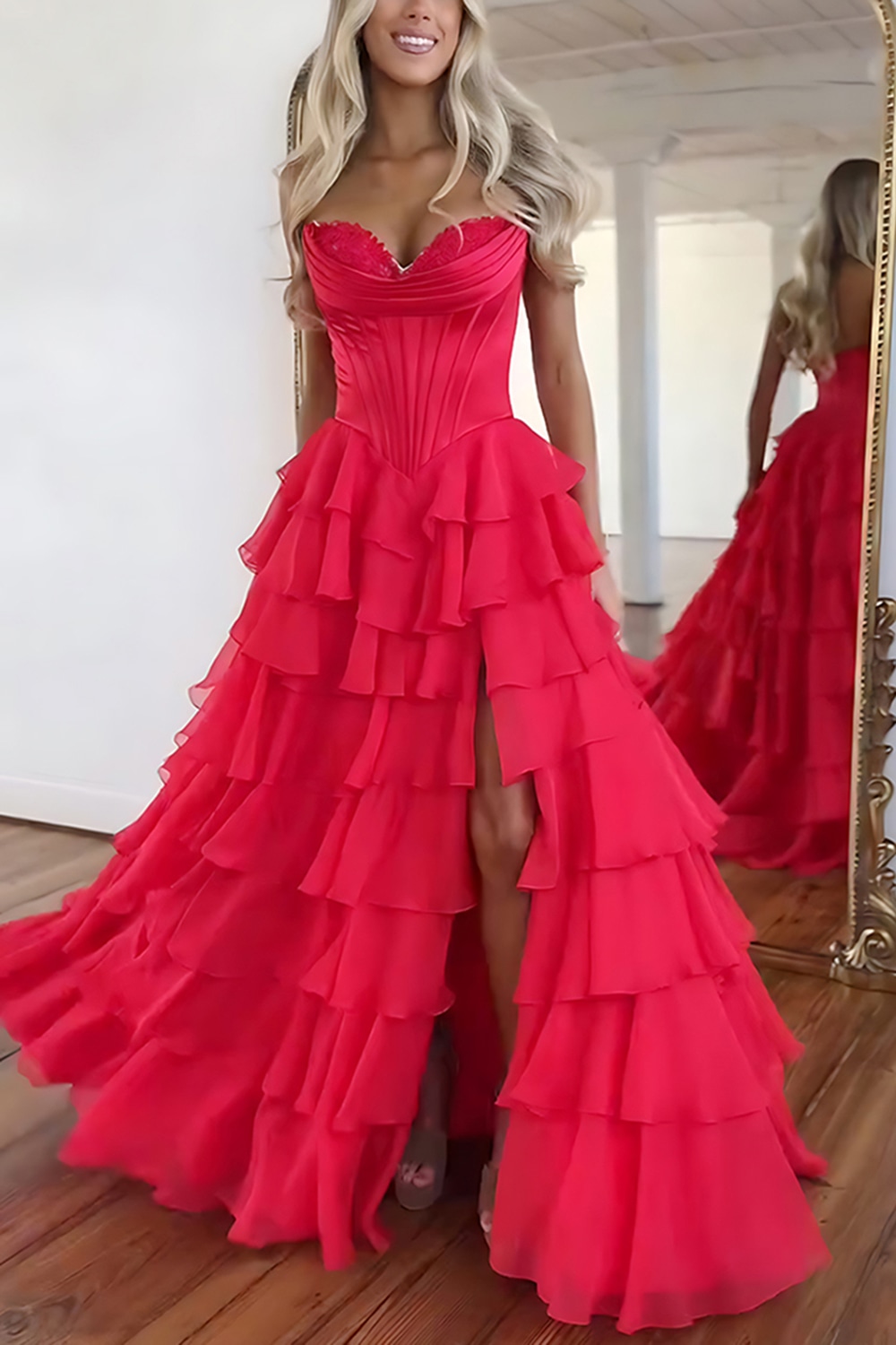 Blue Sweetheart Ruffled Long Corset Prom Dress with Slit