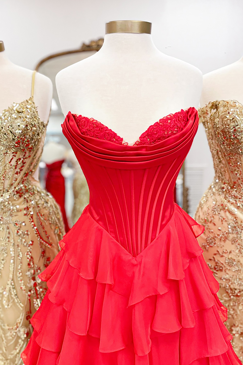 Blue A-Line Sweetheart Chiffon Ruffled Long Corset Prom Dress with Slit