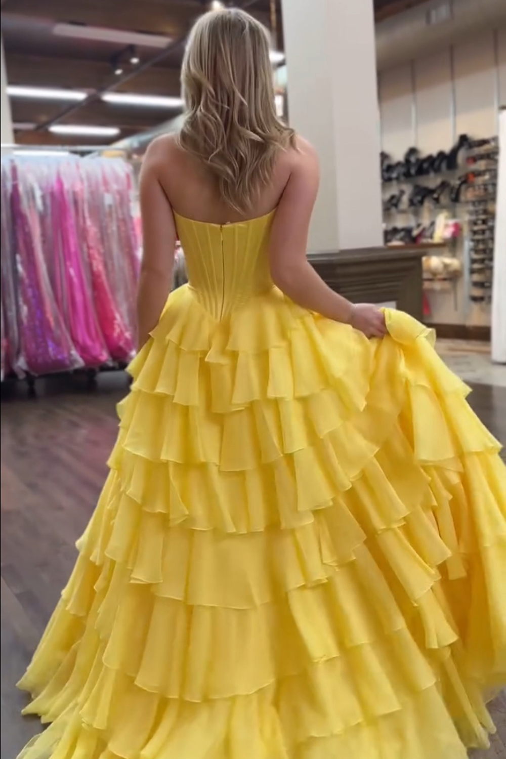 Yellow Princess Sweetheart Chiffon Ruffled Long Corset Prom Dress with Slit