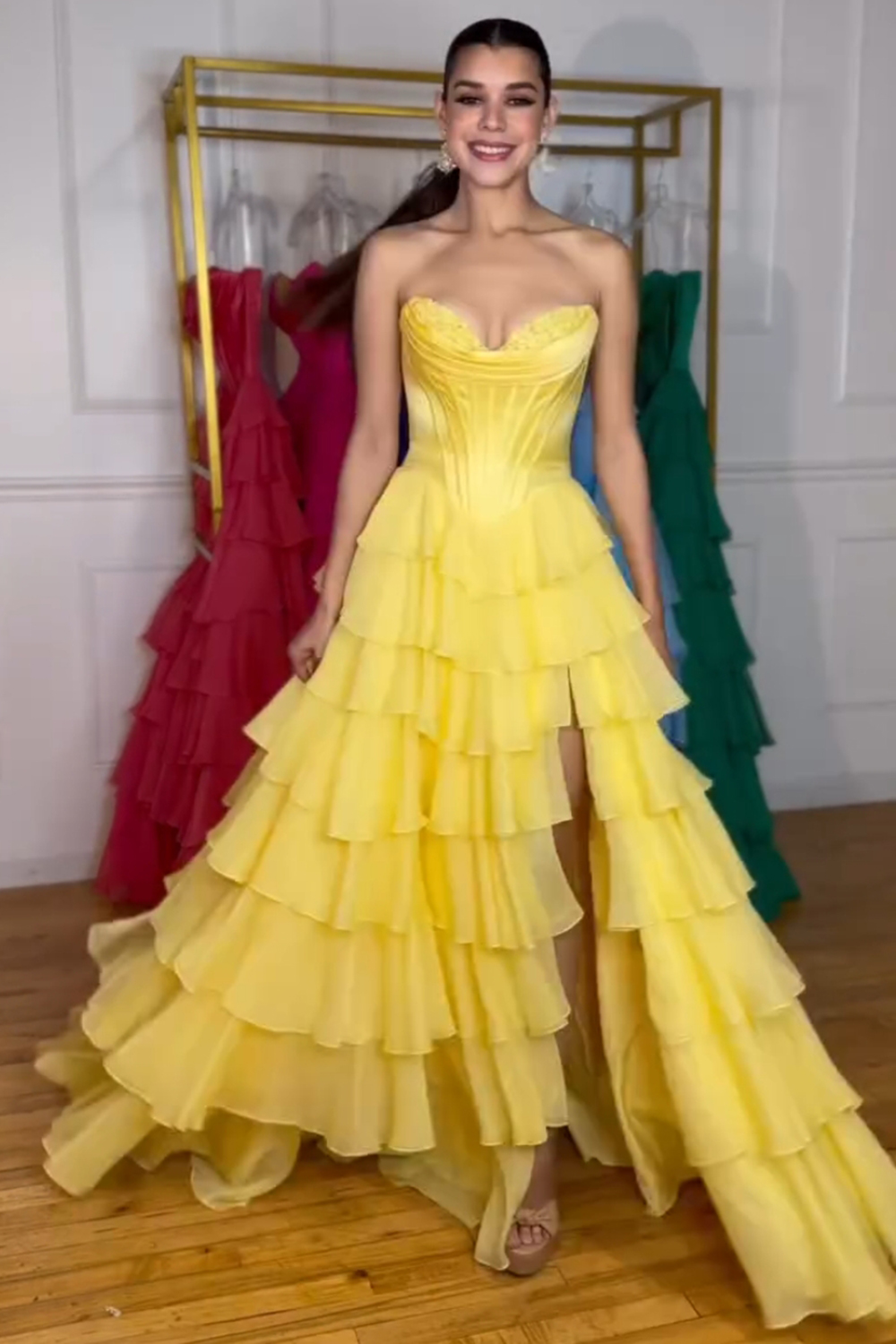 Fuchsia Princess Sweetheart Chiffon Ruffled Long Corset Prom Dress with Slit