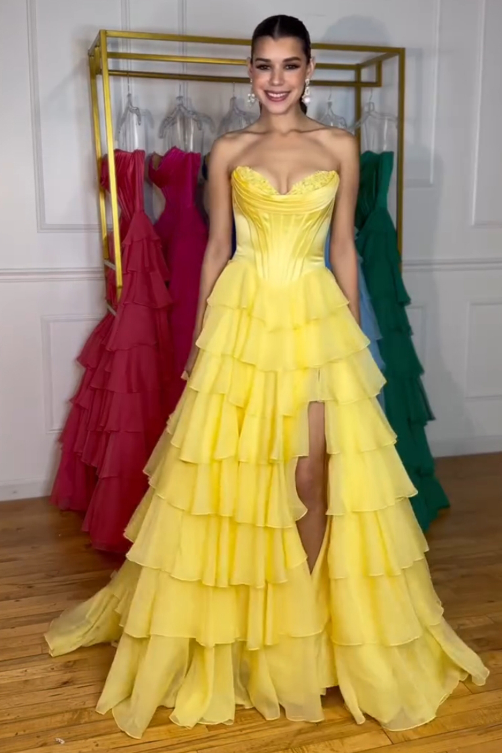 Fuchsia A Line Sweetheart Tiered Corset Long Chiffon Prom Dress with Slit