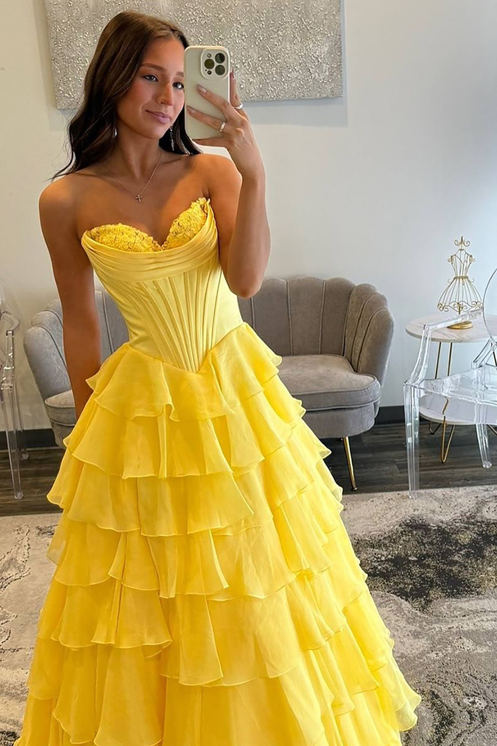 Blue Sweetheart Ruffled Long Corset Prom Dress with Slit