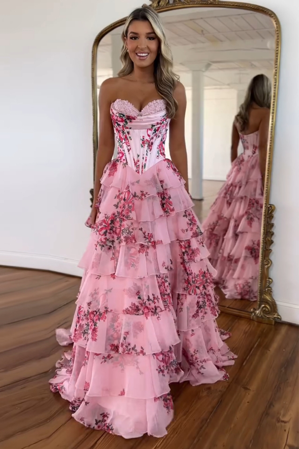 Blush Sweetheart Gala Ball Dress Chiffon Floral Sweet 16 Dress Ruffled Puffy Long Corset Top Prom Dress with Slit
