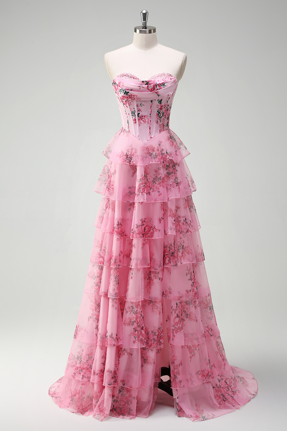 Blush Floral Printed Sweetheart A Line Tulle Tiered Long Corset Prom Dress with Slit