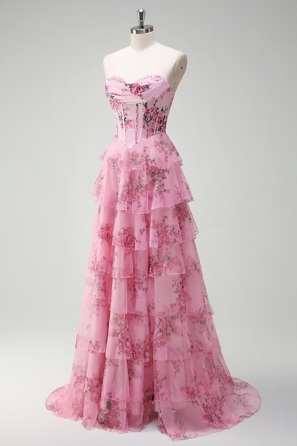 Blush Floral Printed Sweetheart A Line Tulle Tiered Long Corset Prom Dress with Slit