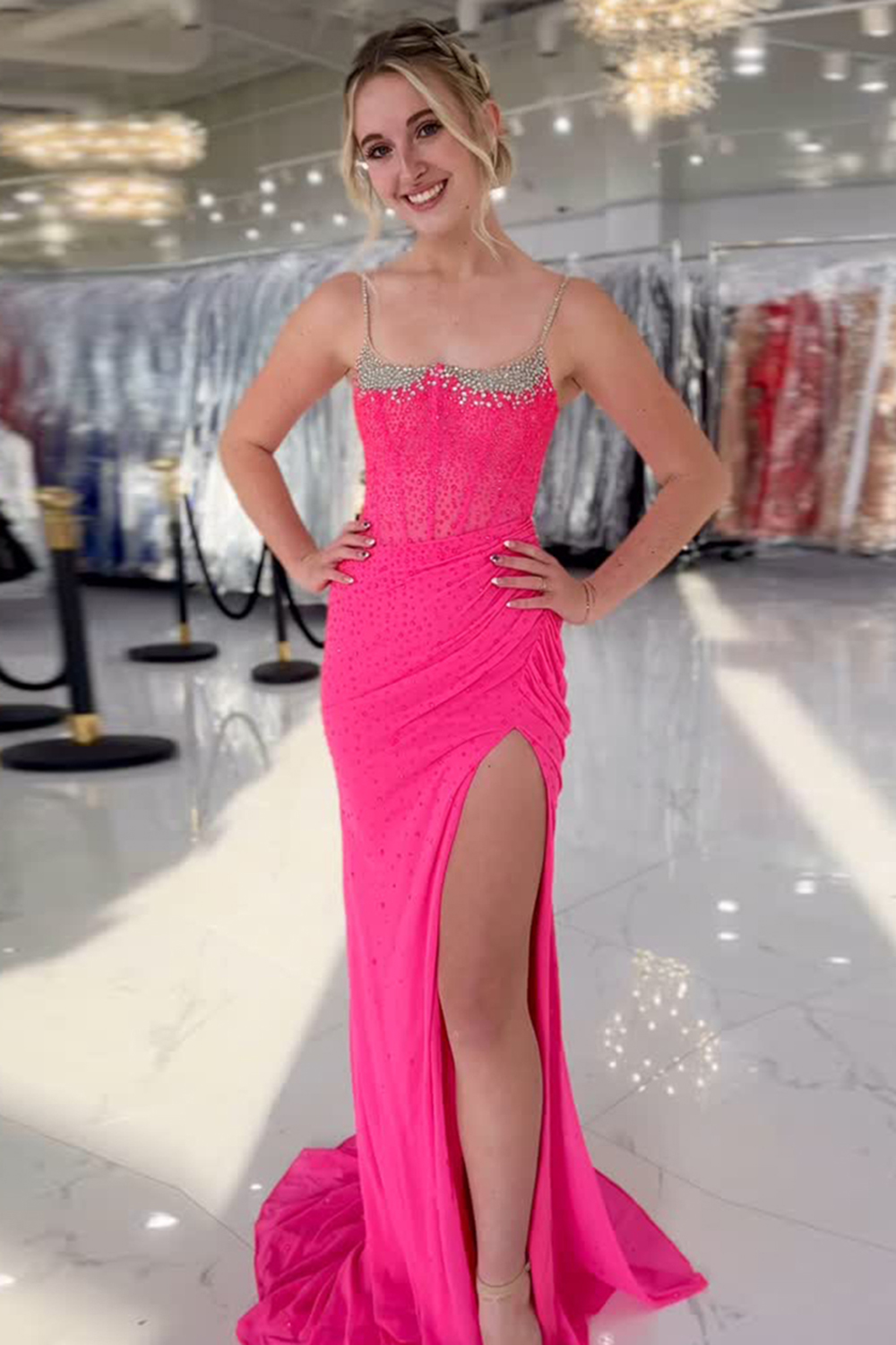 Orange Spaghetti Straps Mermaid Beaded Long Corset Prom Dress with Slit