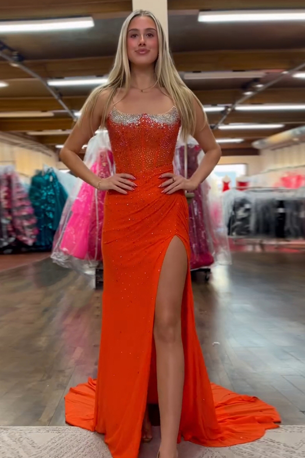 Orange Spaghetti Straps Mermaid Beaded Long Corset Prom Dress with Slit
