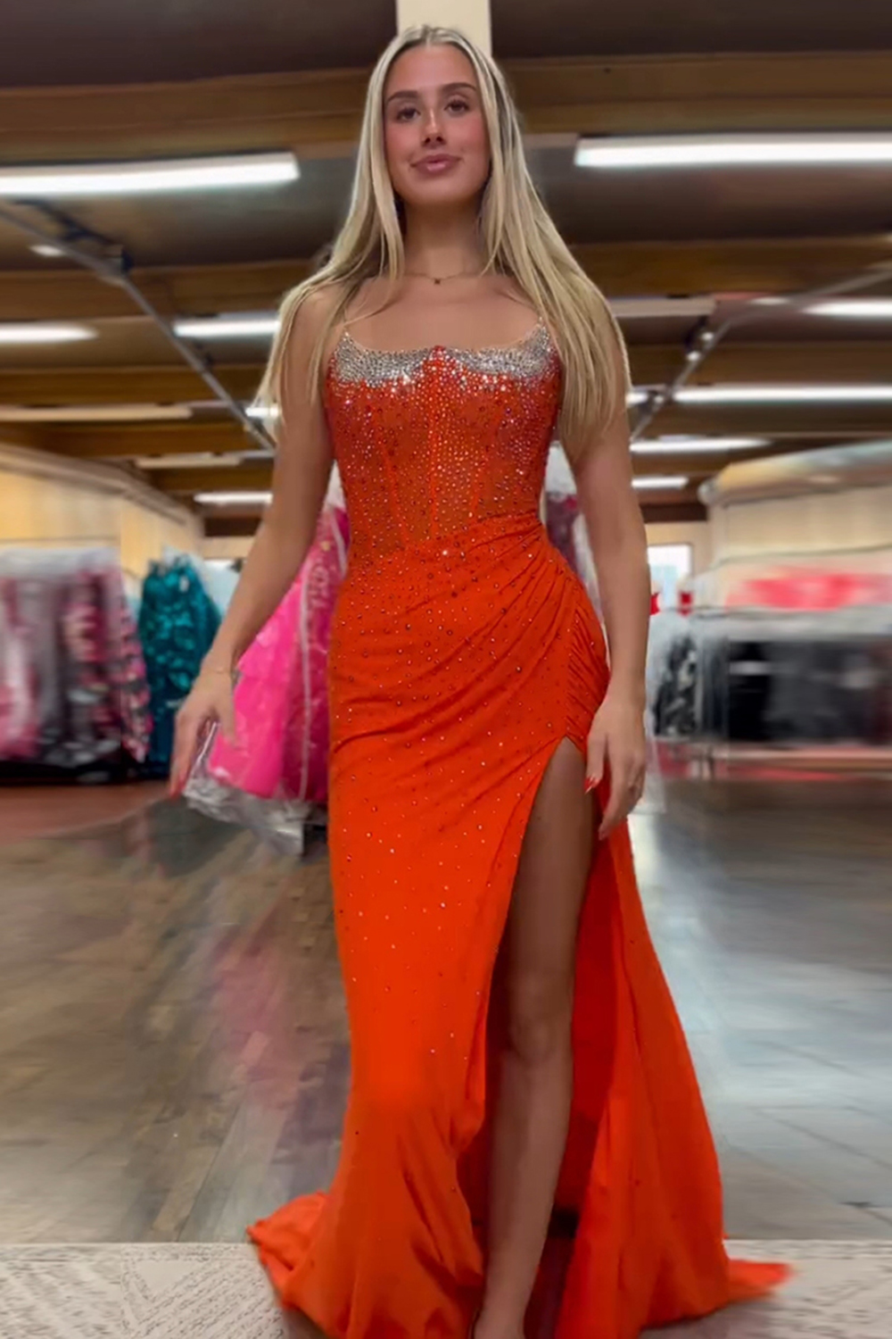 Orange Spaghetti Straps Mermaid Beaded Long Corset Prom Dress with Slit