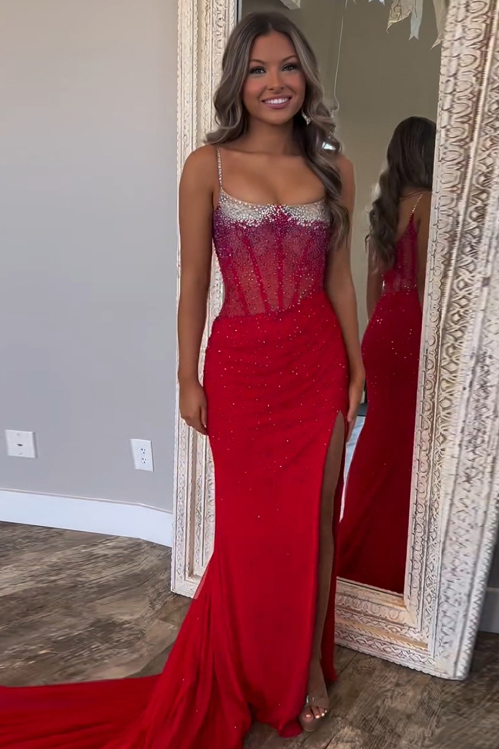 Orange Spaghetti Straps Mermaid Beaded Long Corset Prom Dress with Slit