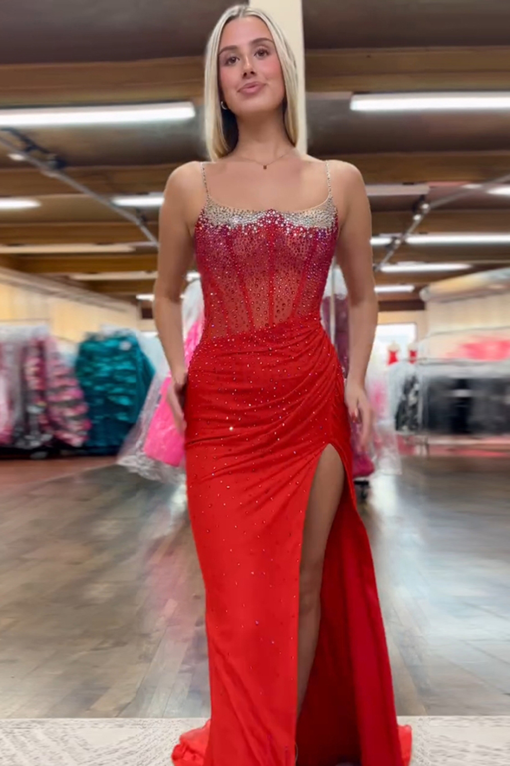 Orange Spaghetti Straps Mermaid Beaded Long Corset Prom Dress with Slit