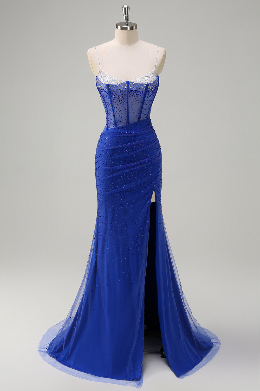 Glitter Orange Spaghetti Straps Beaded Mermaid Long Corset Prom Dress with Slit