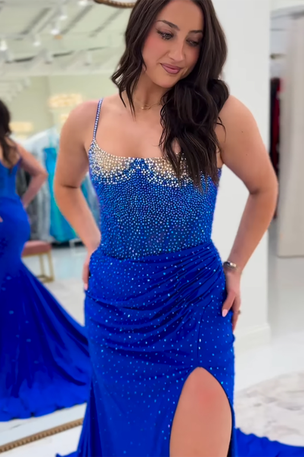 Sparkly Fuchsia Sheath Beaded Long Corset Prom Dress with Slit