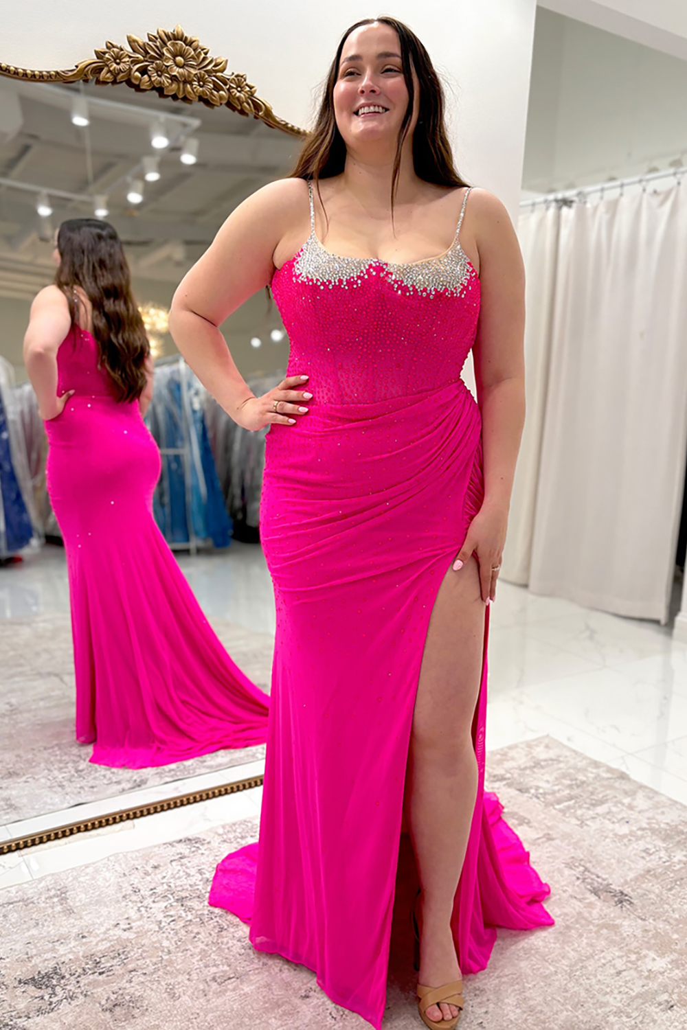 Sparkly Fuchsia Sheath Beaded Long Corset Prom Dress with Slit